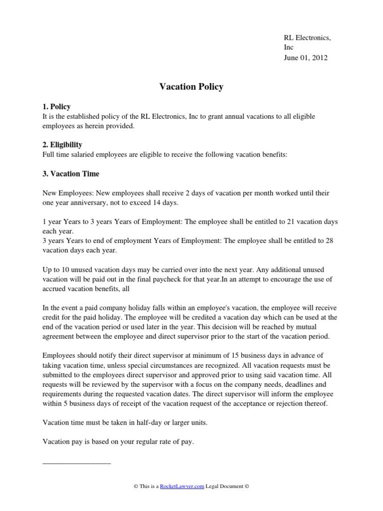 Vacation Policy Vacation Annual Leave