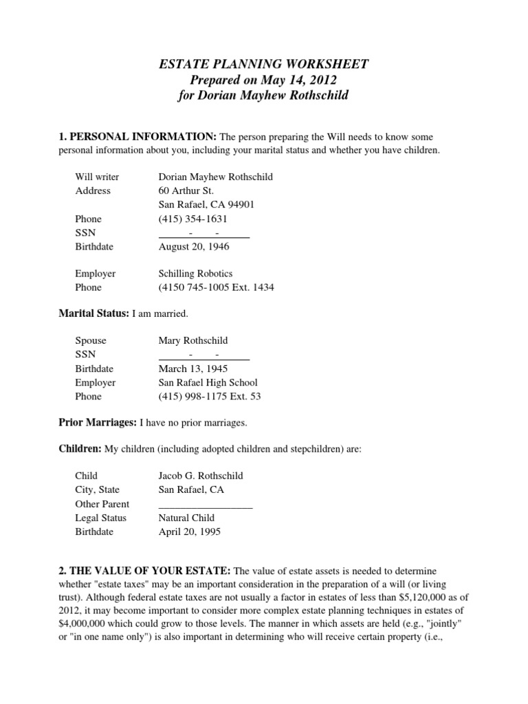 Free Worksheet Estate Planning Worksheet estate planning worksheet for married people trust law law