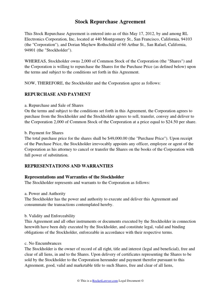 Stock Repurchase Agreement Template | PDF | Contractual Term | Lien