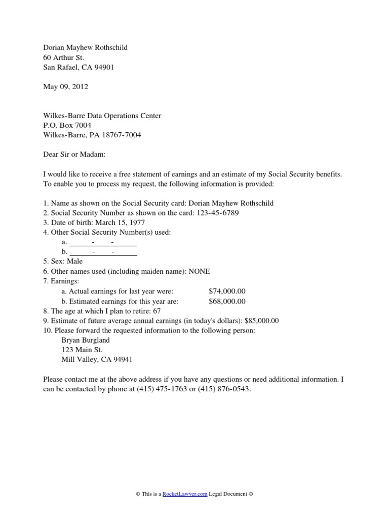 Social Security Benefits Letter PDF Social Security (United States