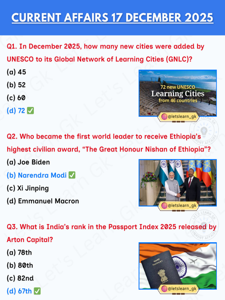 Current Affairs Quiz December 2025 | PDF