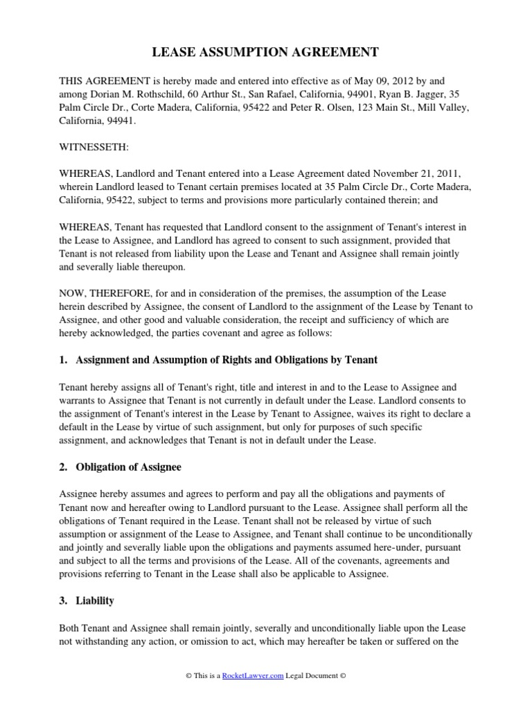 Lease Assumption Agreement Assignment (Law) Lease