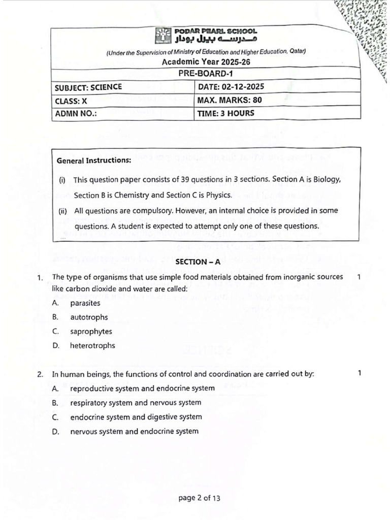 Podar Pearl School-PB1-Science-2025 | PDF