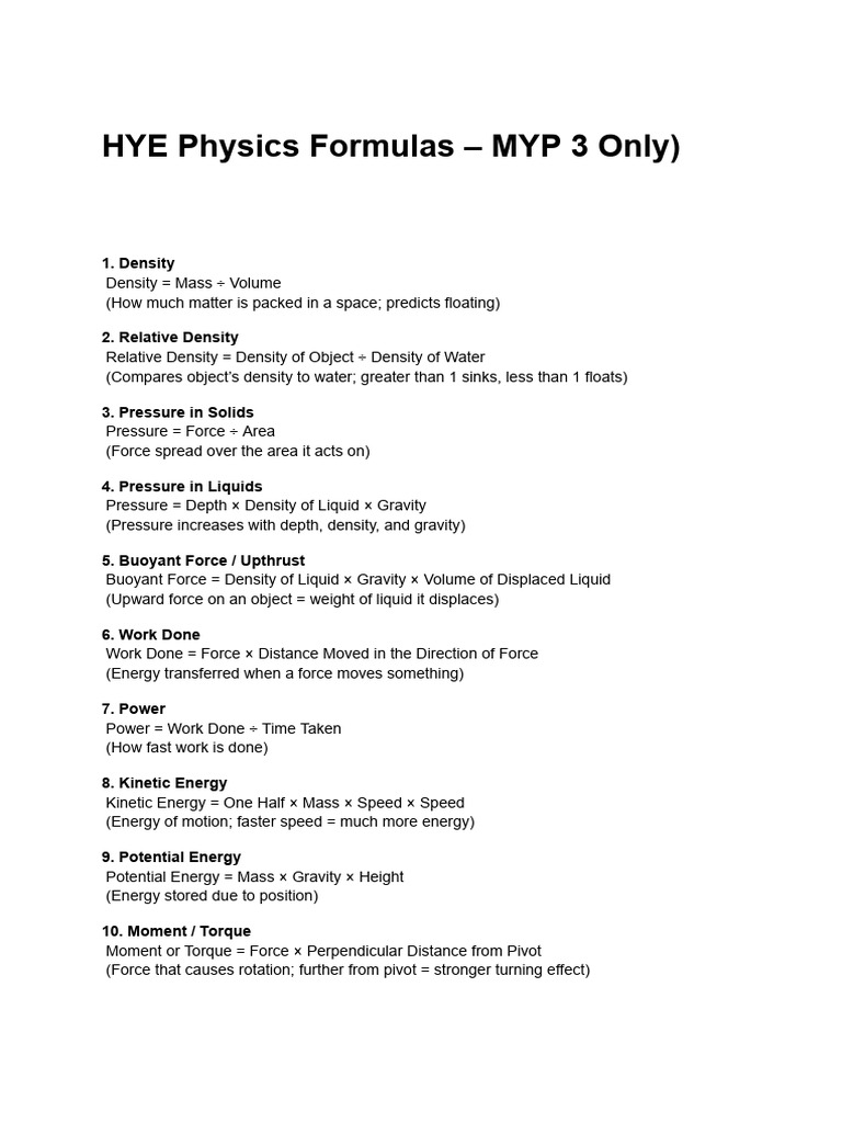 Essential MYP 3 Physics Formulas | PDF