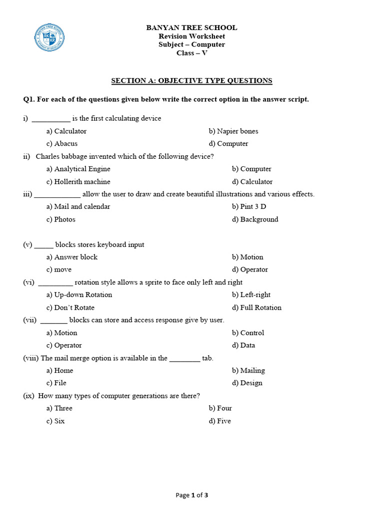 Computer Revision Worksheet for Class V | PDF | Computing | Computer ...