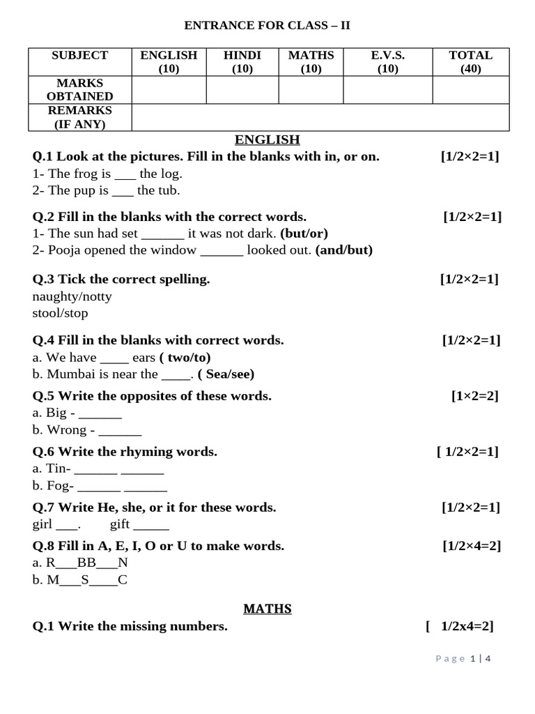 Class II Entrance Exam Question Paper | PDF