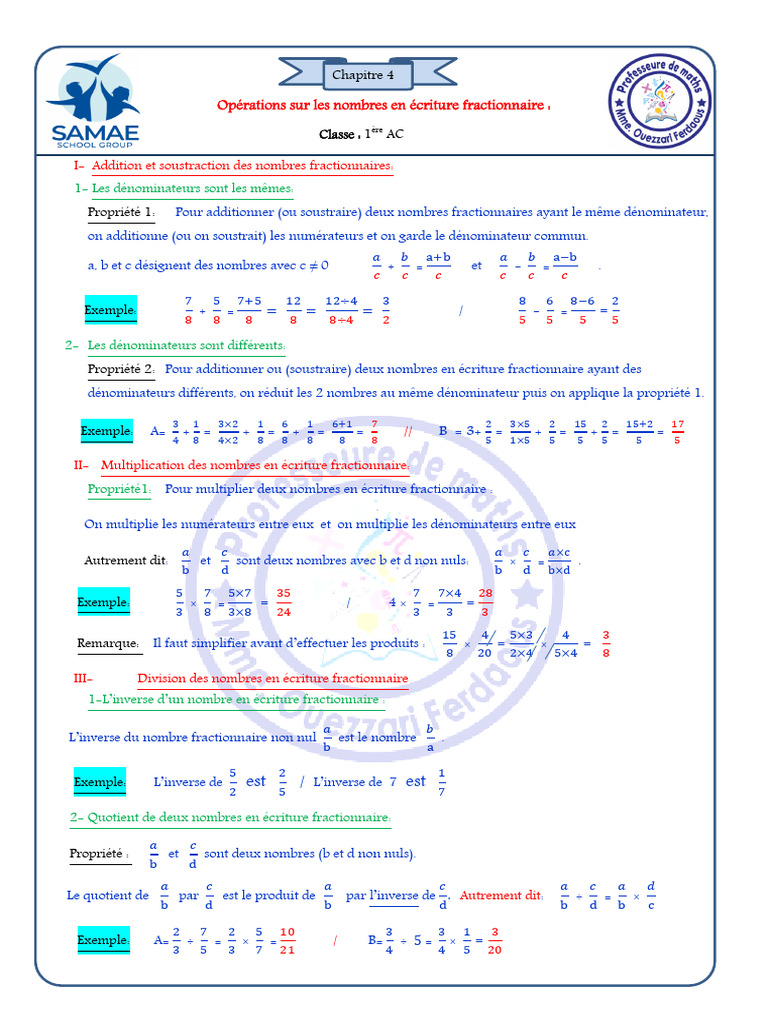 Opérations sur les fractions en 1ère AC | PDF | Algèbre | Division