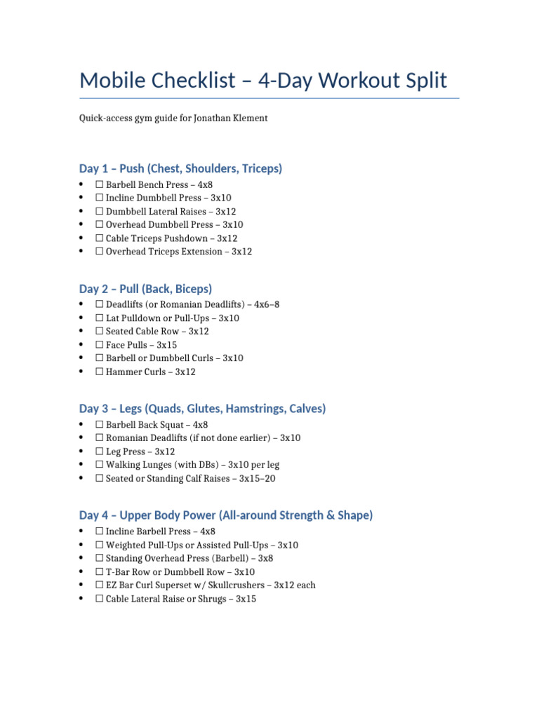 4-Day Workout Split Checklist | PDF