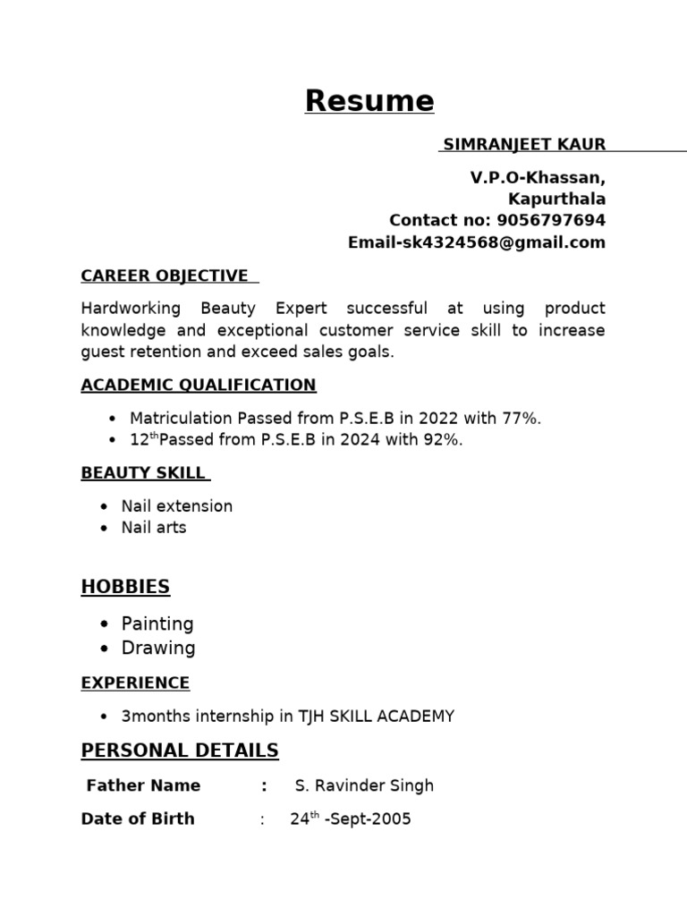 Beauty Expert Resume of Simranjeet Kaur | PDF