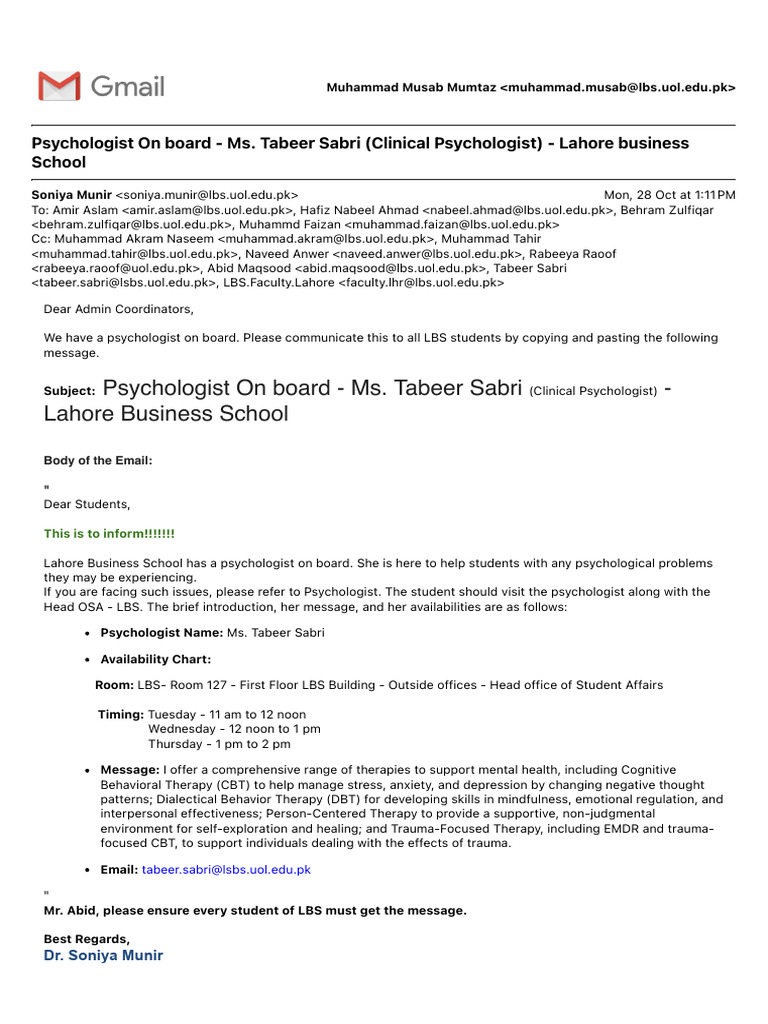 Psychologist On Board - Ms. Tabeer Sabri (Clinical Psychologist) - LBS ...