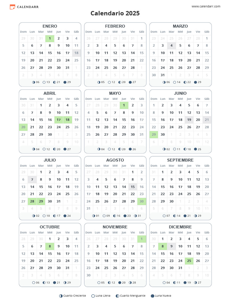 Calendario 2025: Fases Lunares y Festivos | PDF | Fiestas cristianas y ...