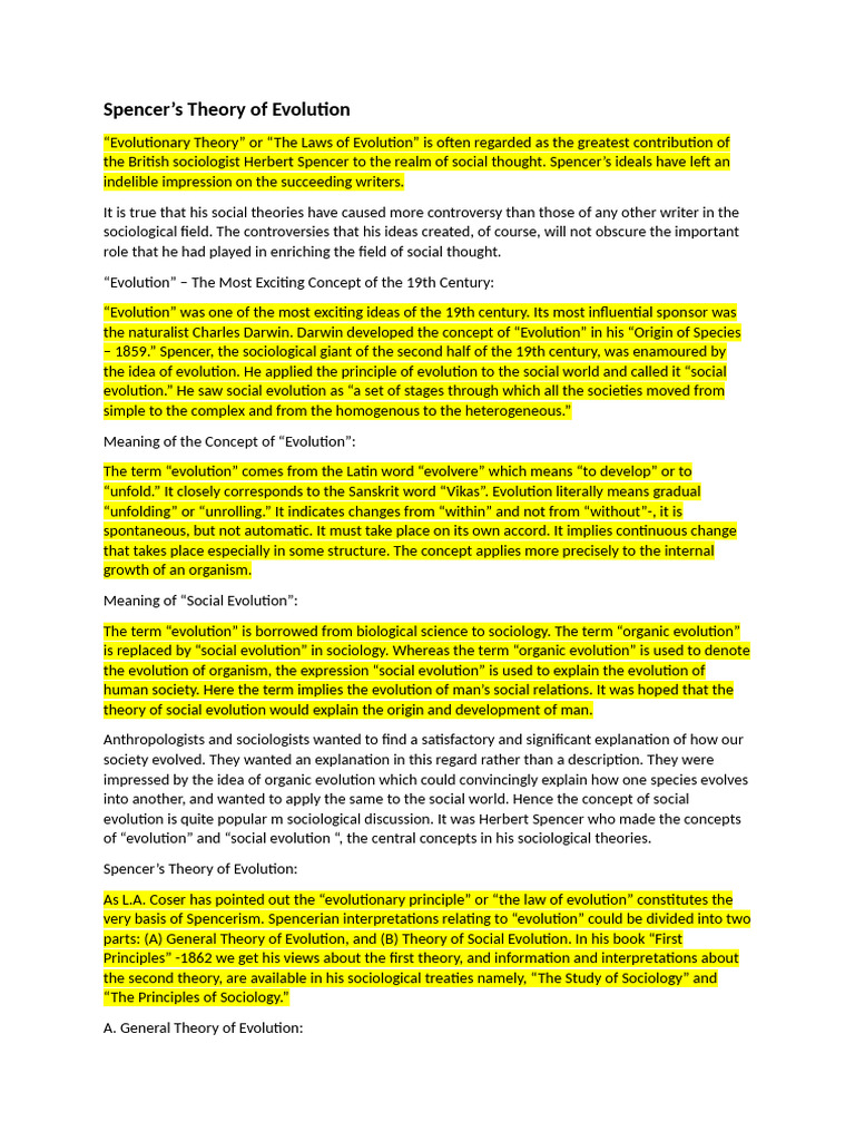 Spencer's Social Evolution Theory Explained | PDF | Sociocultural ...