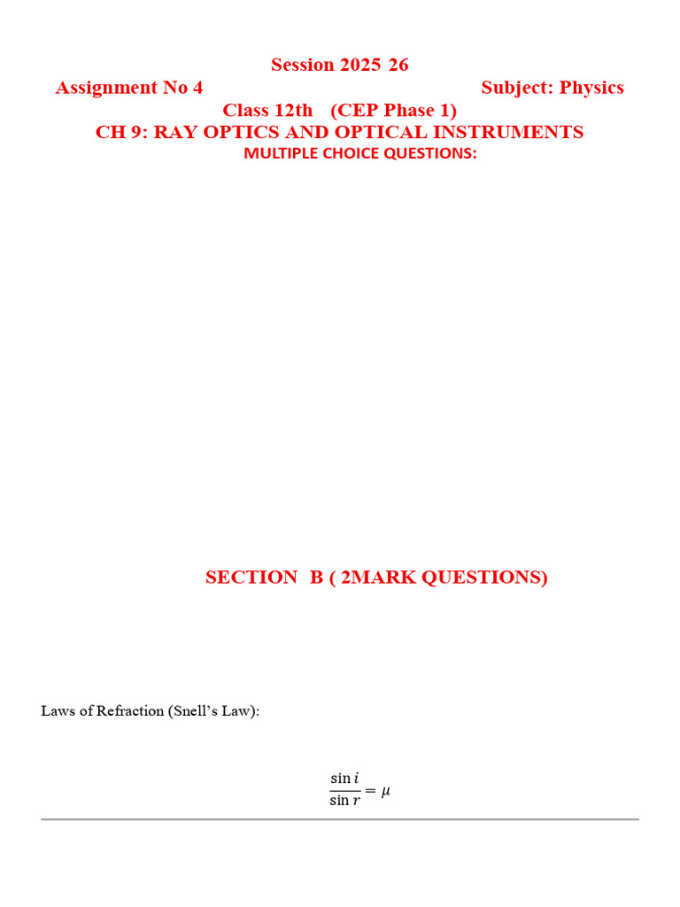 Phy 12 Cep Ass 4 Sol | PDF | Optics | Electromagnetic Radiation