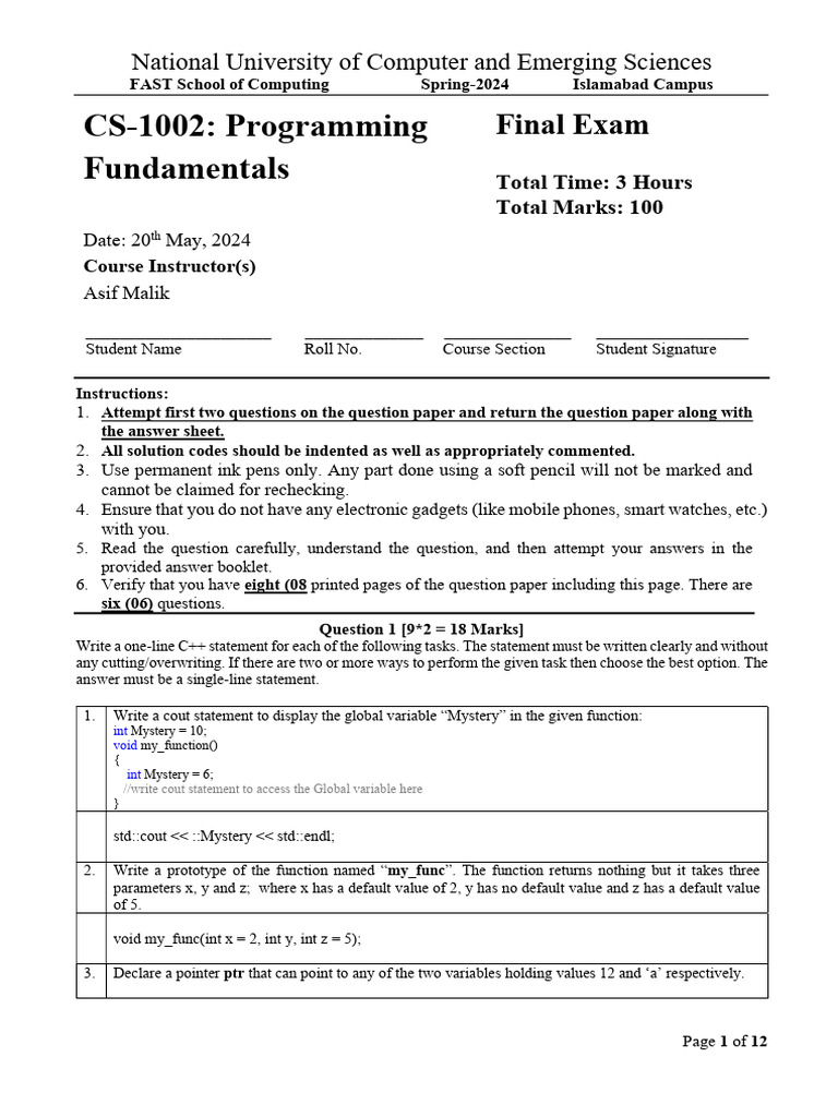 C++ Programming Exam Instructions and Questions | PDF | Quadratic ...