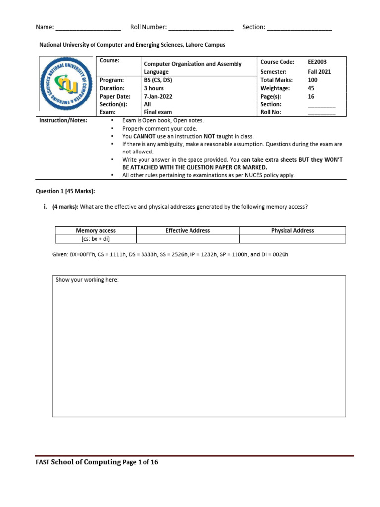 Final Exam: Computer Organization & Assembly | PDF | Cpu Cache | Office ...
