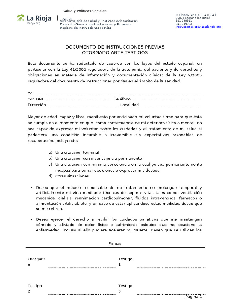 Documento Instrucciones Previas Ante Testigos | PDF