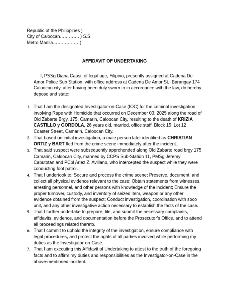 Affidavit of Undertaking for Rape Case | PDF | Affidavit | Crime Scene