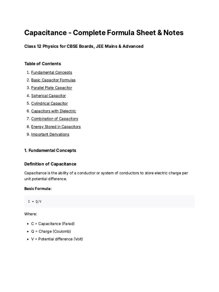 Capacitance Formula Sheet for Physics | PDF | Capacitance | Capacitor