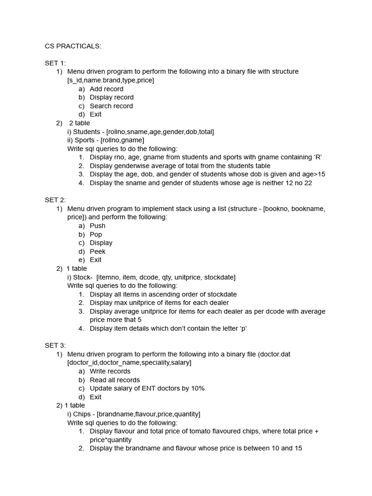 CS Practical Programming and SQL Tasks | PDF | Sql | Data Management ...
