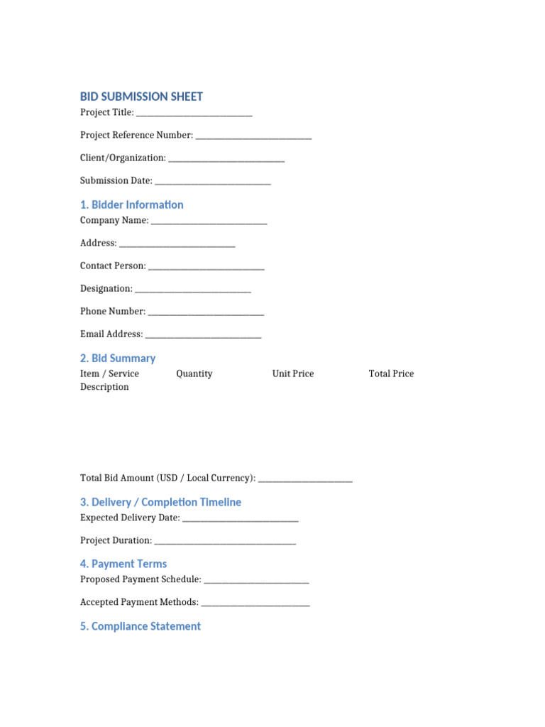 Bid Submission Sheet Template | PDF