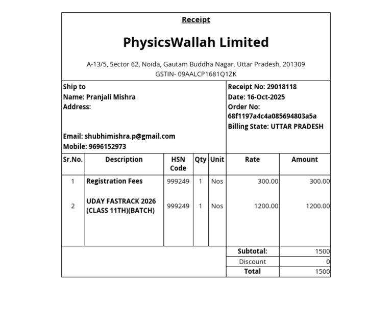 PhysicsWallah Receipt for UDAY FASTRACK | PDF