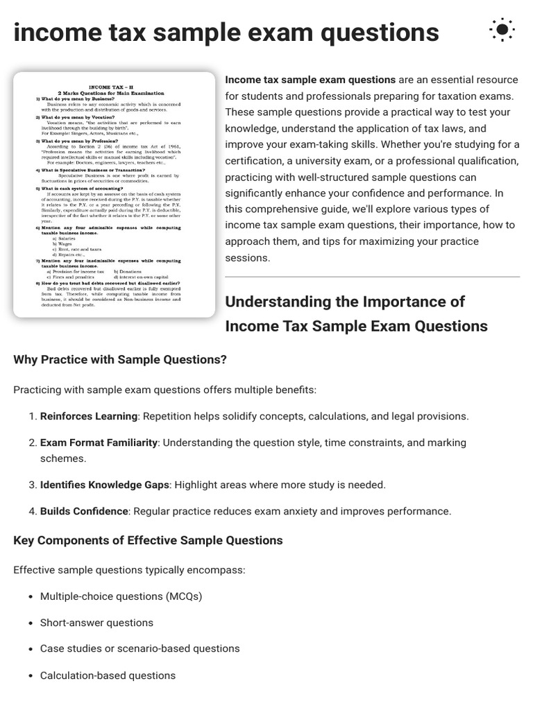 Income Tax Exam Sample Questions Guide | PDF | Tax Deduction | Taxes