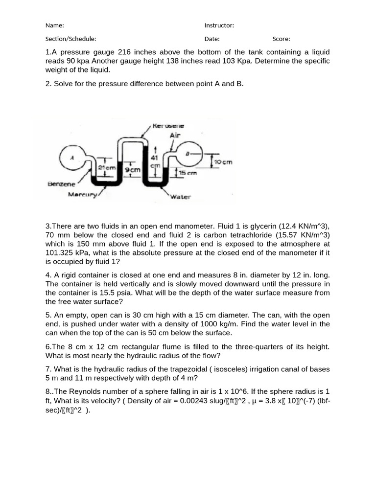 Fluid Mechanics Pressure Calculations | PDF