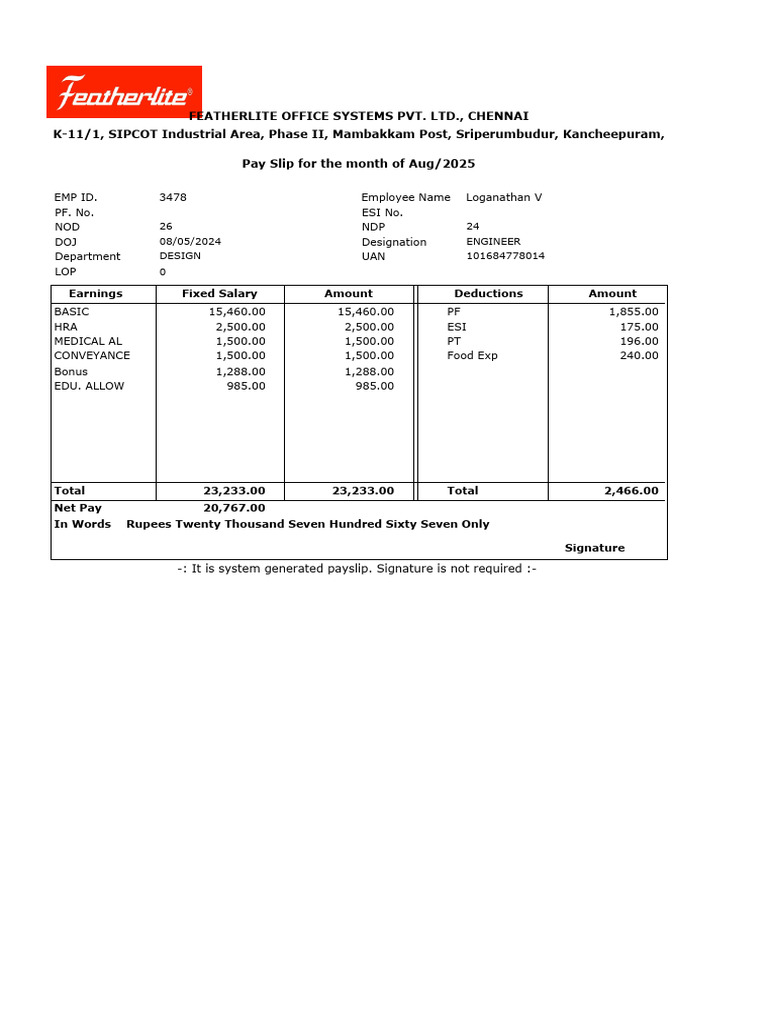 August 2025 Pay Slip for Engineer | PDF