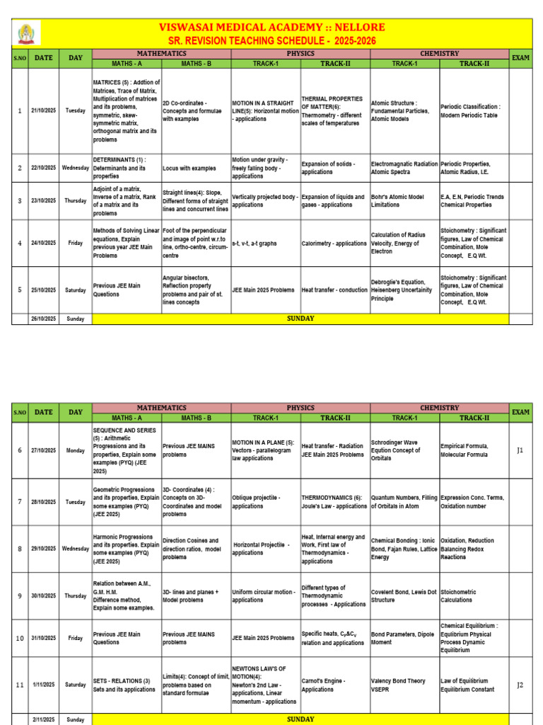 2025-2026 Revision Teaching Schedule | PDF | Matrix (Mathematics ...