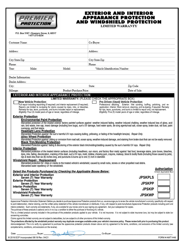 Vehicle Appearance Protection Agreement | PDF | Headlamp | Insurance