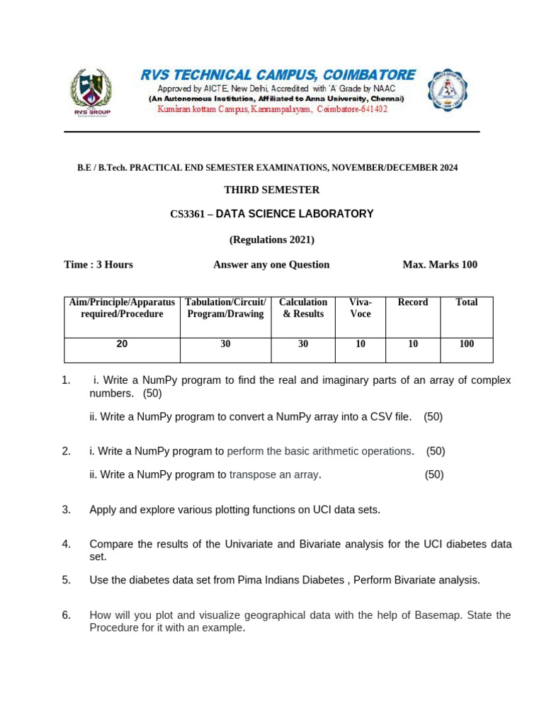 Data Science Lab Exam Questions 2024 | PDF