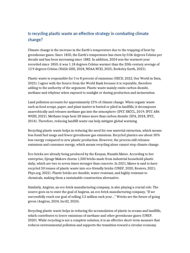 Recycling Plastic Waste Essay | PDF | Climate Change | Greenhouse Gas