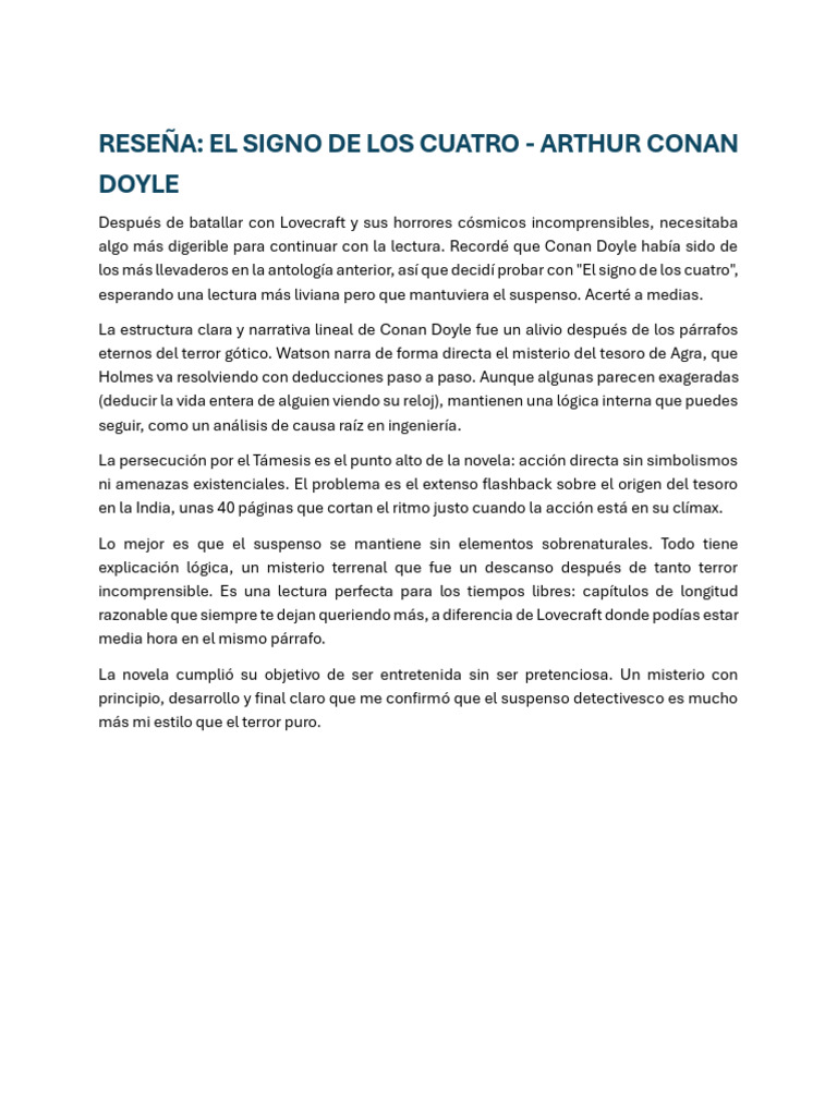 Reseña - El Signo de Los Cuatro - Arthur Conan Doyle | PDF