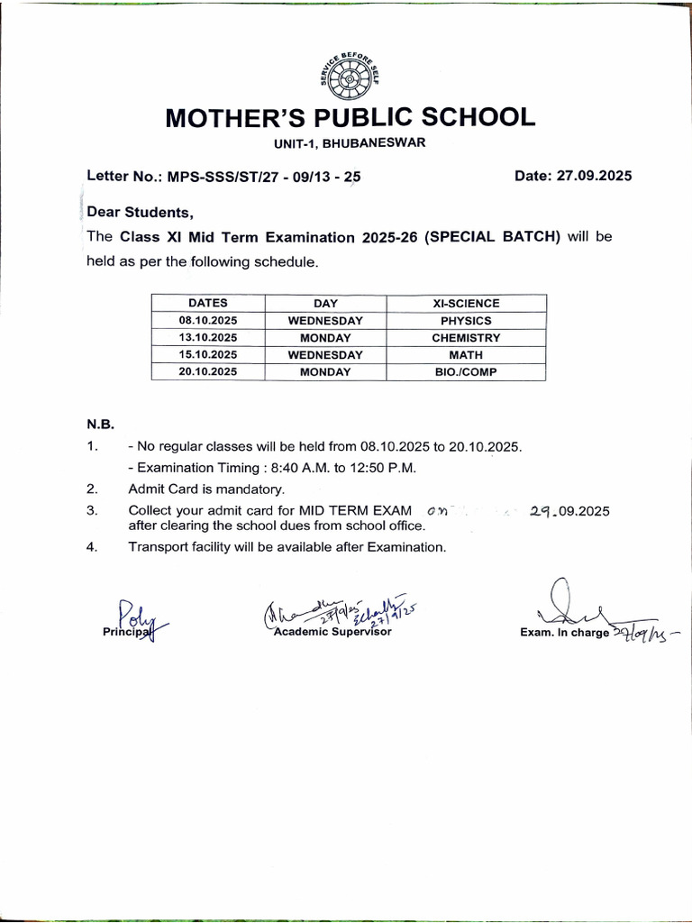Xi-mid Term 2025 Exam Schedule for Special Batch | PDF