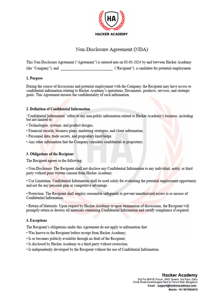 Hacker Academy Non-Disclosure Agreement | PDF | Non Disclosure ...