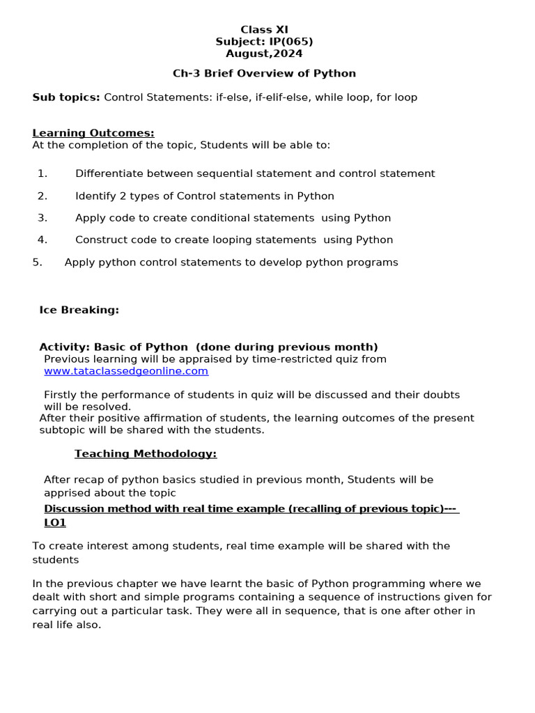 XI IP LP control statements 24-25 | PDF | Control Flow | Computer ...