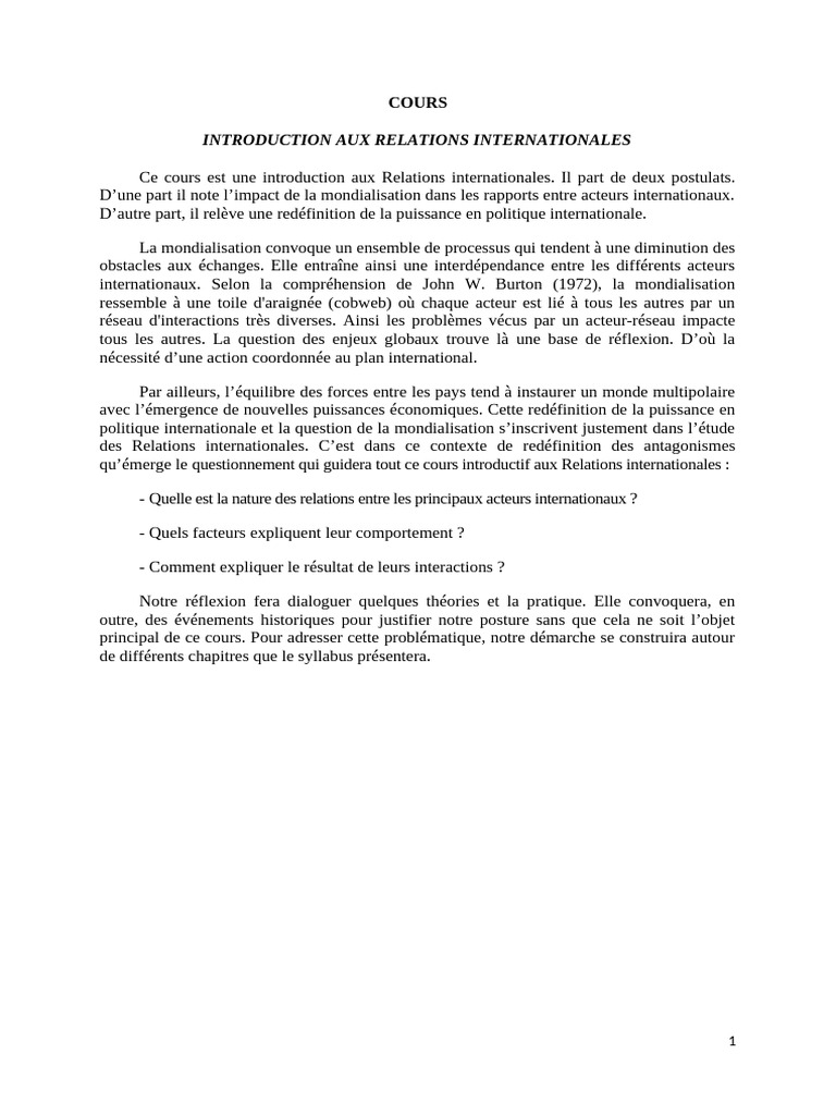 Introduction aux Relations Internationales | PDF | Sciences politiques ...