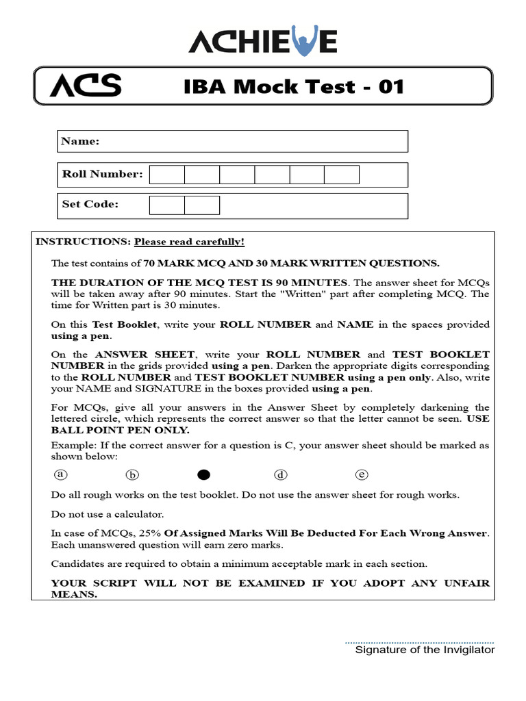IBA Mock Test 01: MCQs & Writing | PDF | Multiple Choice | Military ...