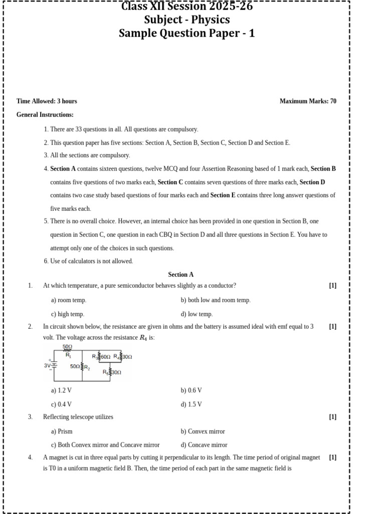 Class XII Physics Sample Question Paper | PDF | Electromagnetic ...