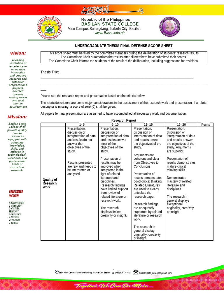 Basilan State College Thesis Defense Score Sheet | PDF | Thesis | Human ...