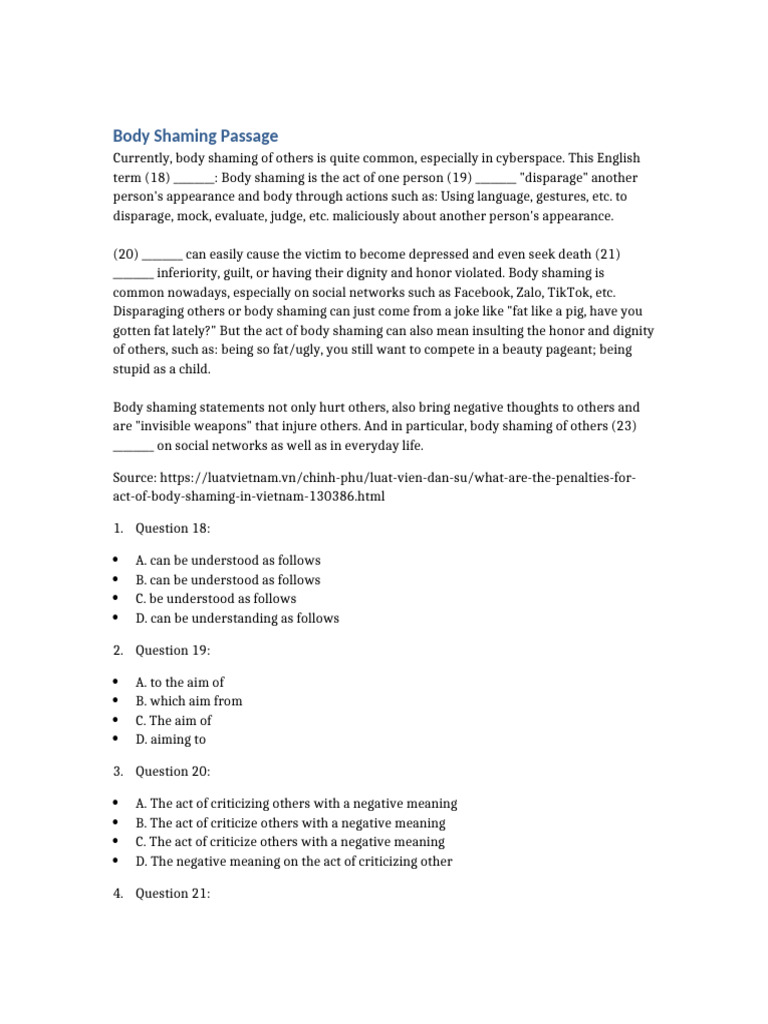 Body Shaming Exercise 18 To 23 | PDF