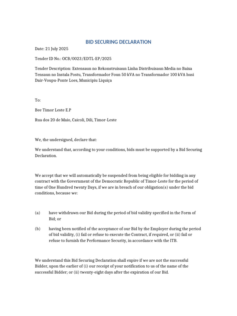 Bid Securing Declaration for Tender OCB/0023 | PDF
