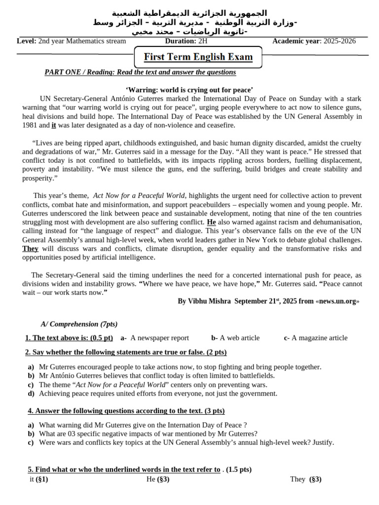First Term Second Year Exam December 2025 3 | PDF | Peace