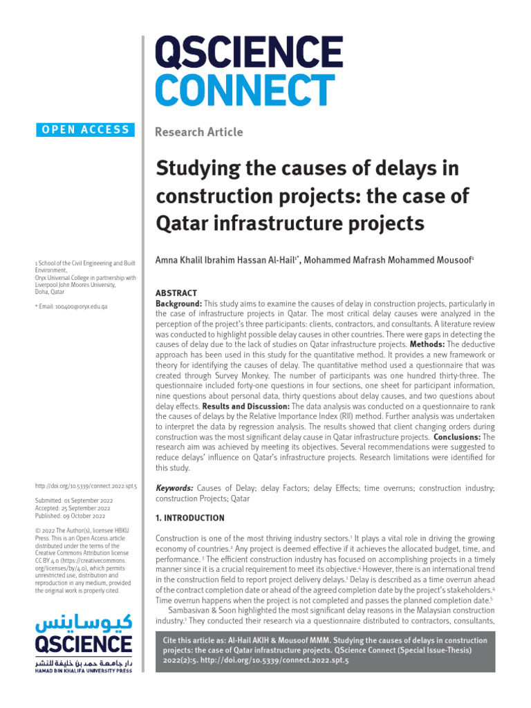 Causes of Delays in Qatar Construction Projects | PDF | Coefficient Of ...
