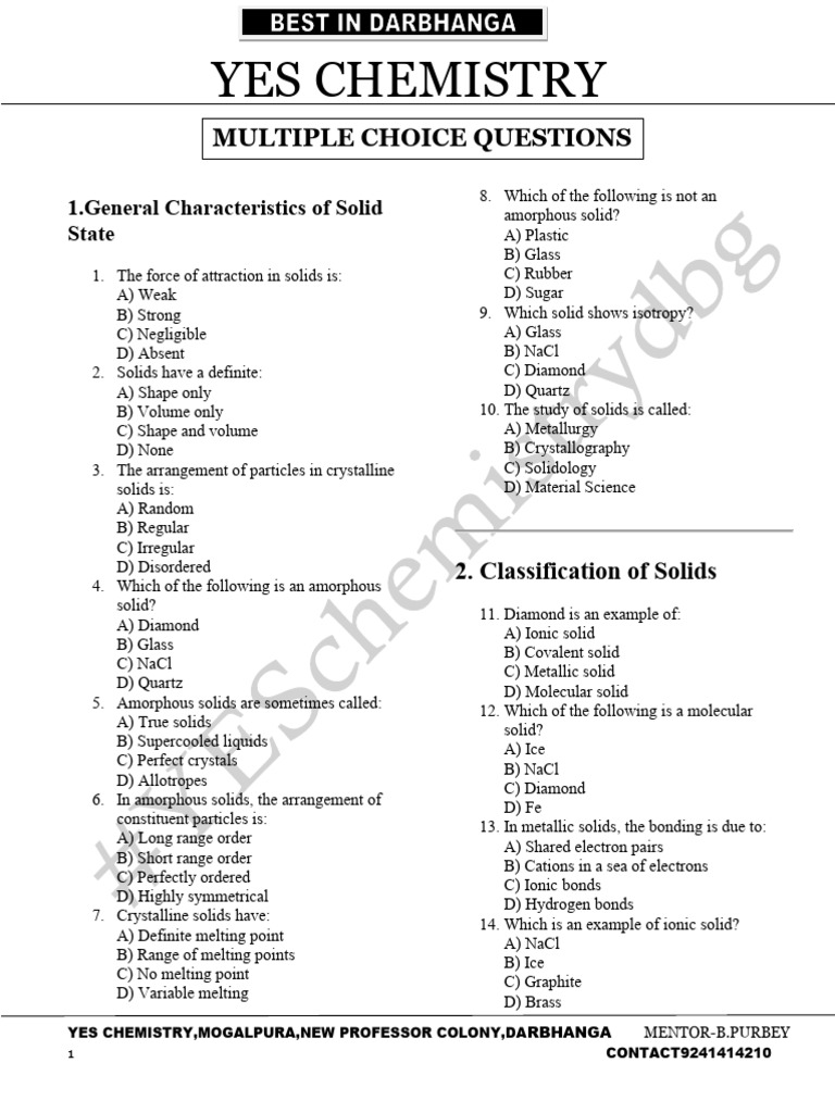 Solid State Chemistry Quiz Questions | PDF | Crystal Structure | Solid