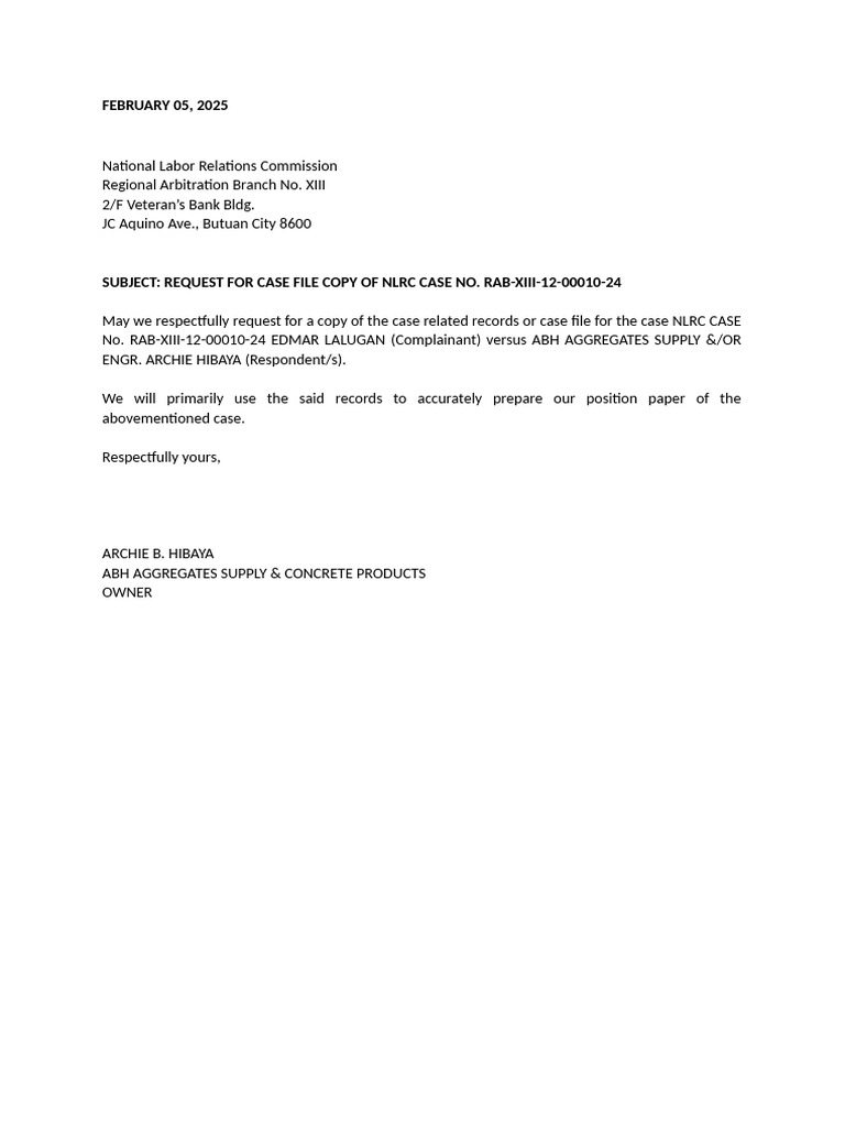 Request for NLRC Case File Copy | PDF
