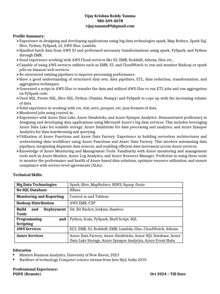Data Engineer Resume: Big Data & AWS Expertise | PDF | Apache Spark ...