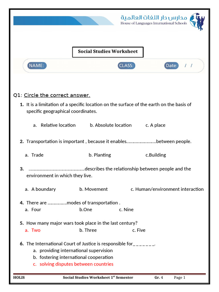 Social Studies Worksheet for Grade 4 | PDF