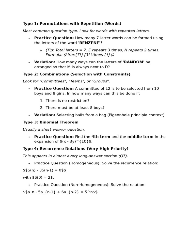 Combinatorics Practice Questions Guide | PDF