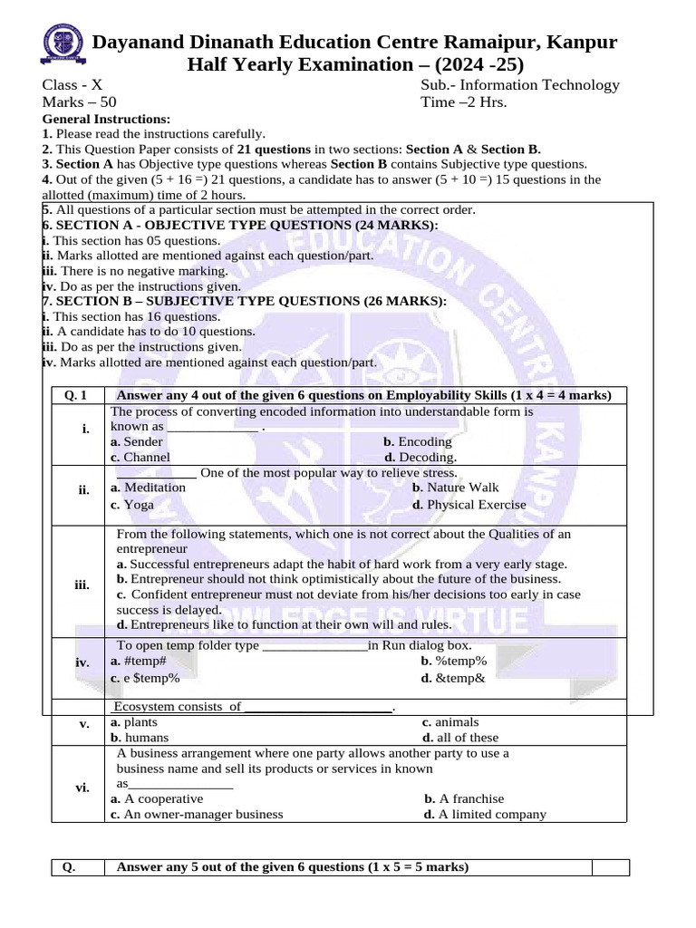 Class X IT Half Yearly Exam 2024-25 | PDF | Spreadsheet | Worksheet